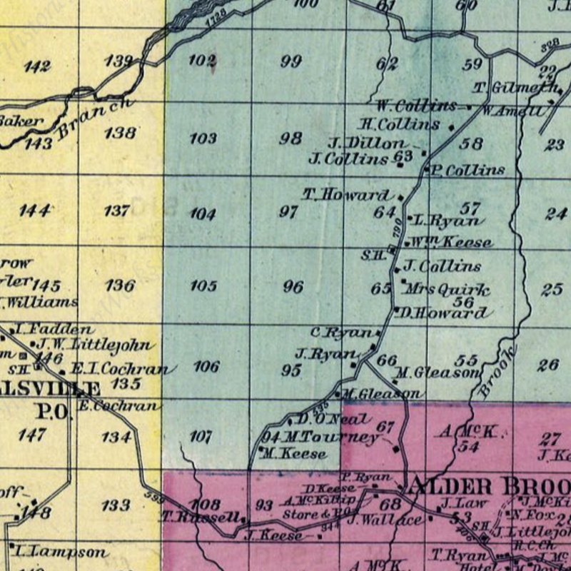 Detail of the 1876 atlas showing the Quirk, Howard, and Ryan lots
