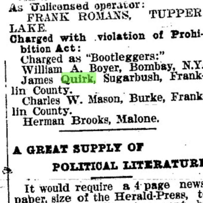 1926 Tupper Lake Herald clipping listing James Quirk of Sugarbush among those charged as bootleggers