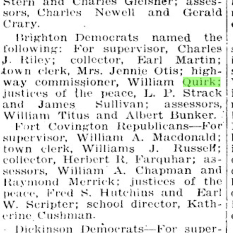 1935 Malone Farmer clipping naming William Quirk for highway commissioner