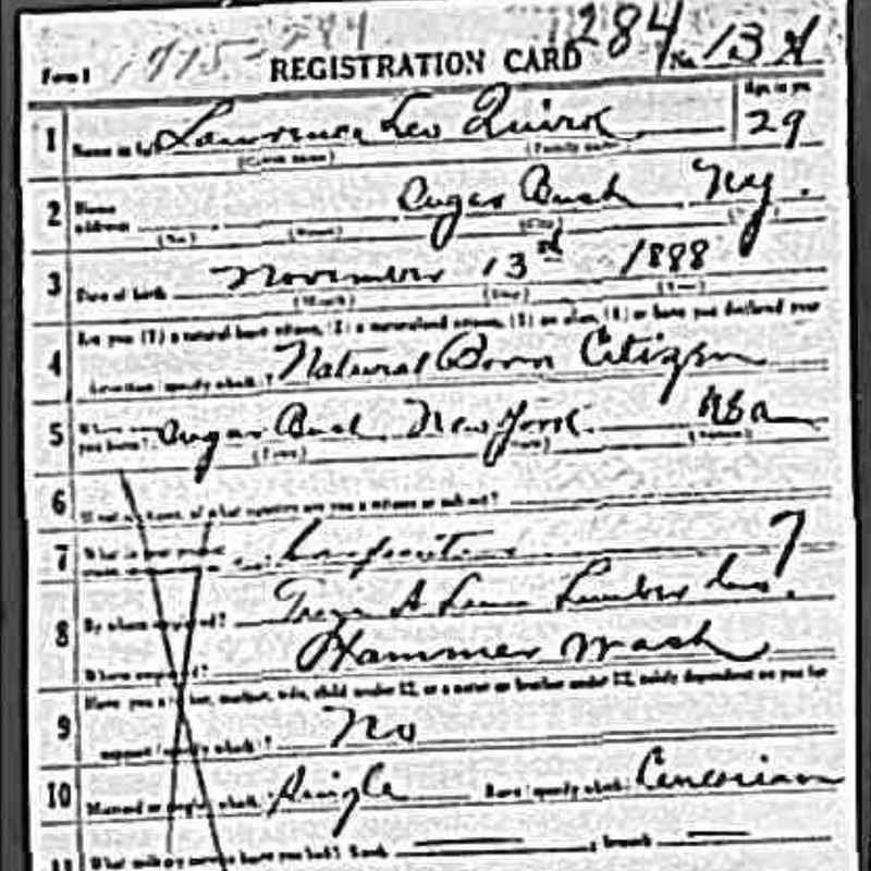 Lawrence Leo Quirk's 1917 draft registration card